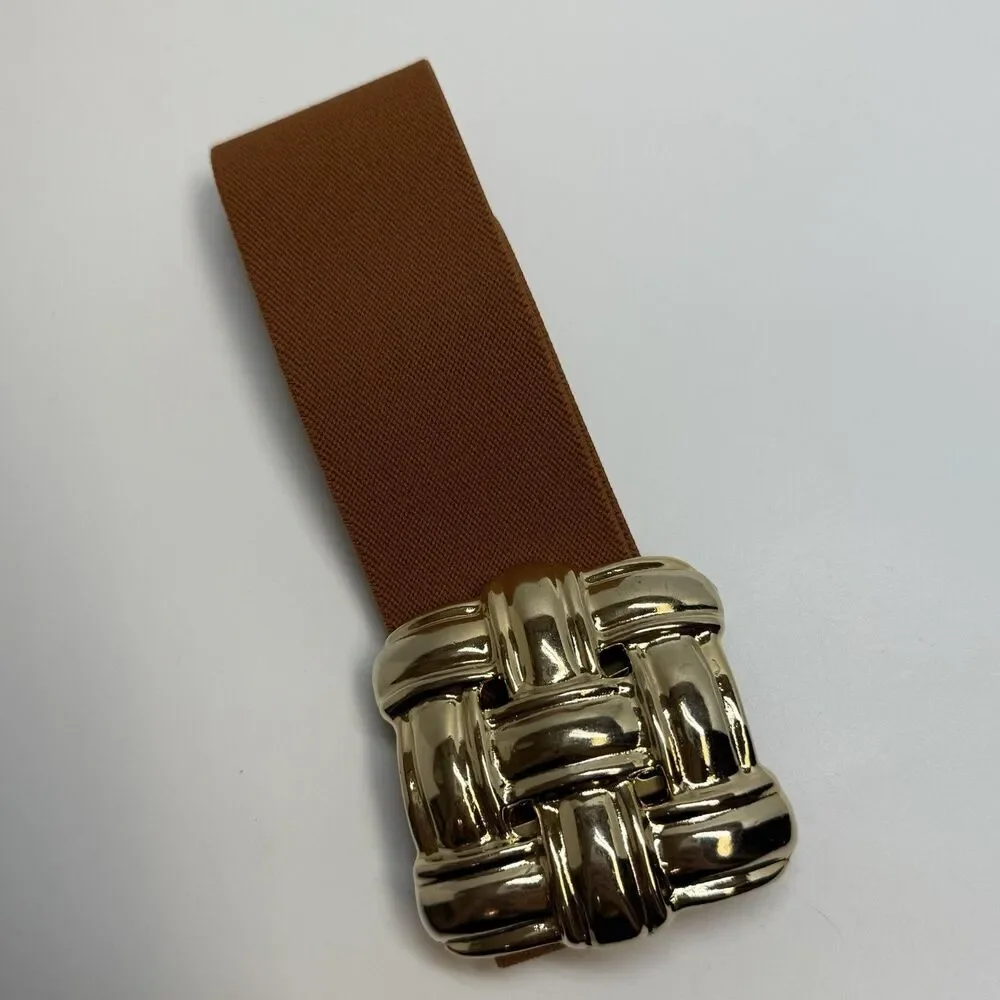 Vintage Skaffles Gold Tone Metal Braided Design Terra Cotta Color Elastic Belt
